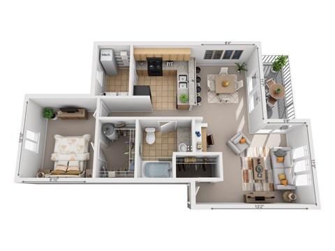Floor plan for 1 bed, 1 bath, 769 sqft